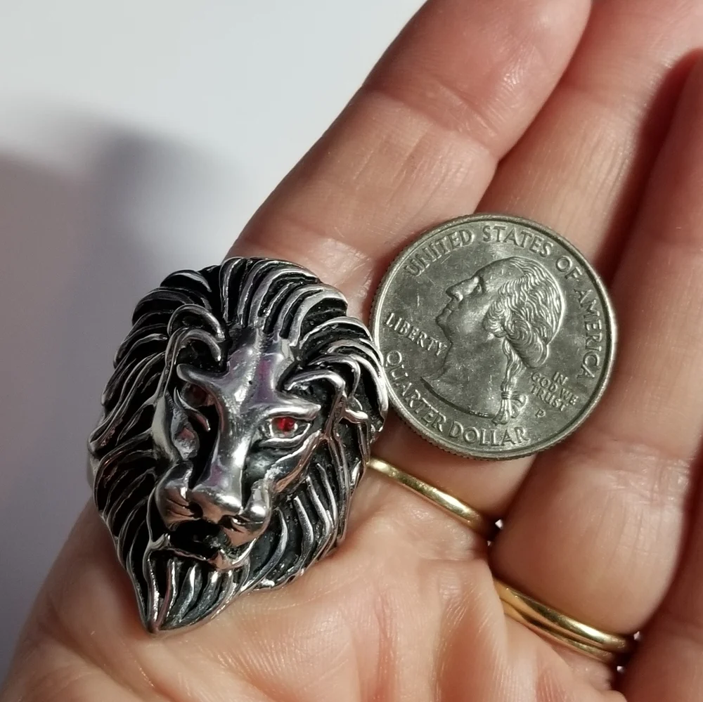 Relisted -lion ring red rhinestone eyes dark silvertone size 11.75   11 3/4 - Picture 11 of 14
